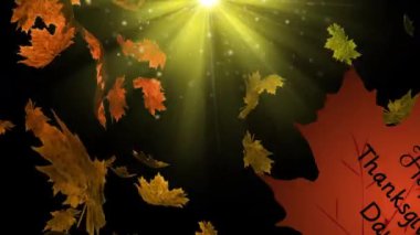 Mutlu Şükran Günü metninin yeşil arka planda sonbahar yaprakları üzerinde canlandırılması. Şükran Günü, Amerikan geleneği ve dijital olarak üretilen video konsepti.
