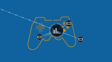 Mavi arkaplana karşı video oyunu denetleyici simgesi üzerinden dijital simge ağının animasyonu. Video oyunu arayüzü ve küresel ağ teknolojisi kavramı