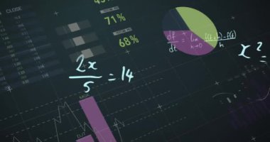 Matematiksel denklemlerin yeşil arkaplan üzerindeki istatistiklerin animasyonu. Bilim, eğitim ve bilgi kavramı dijital olarak oluşturulmuş video.