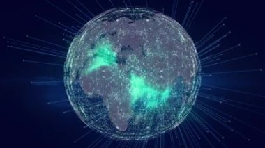 Dönen küreye karşı yeşil dijital dalga üzerinden bağlantı ağının animasyonu. Küresel ağ ve iş teknolojisi kavramı