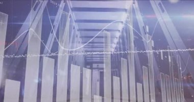 Bilgisayar sunucuları üzerinde istatistik ve veri işleme animasyonu. Küresel hesaplama, veri işleme ve dijital arayüz kavramı dijital olarak oluşturulmuş video.
