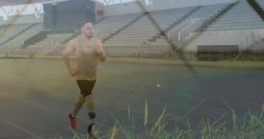 Engelli beyaz erkek koşucu üzerinde çimen animasyonu. Uluslararası Engelliler Günü konsepti dijital olarak oluşturulmuş video.