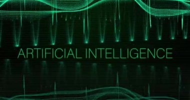 Noktalar üzerine yapay zeka metninin animasyonu. Küresel iş ve dijital arayüz kavramı dijital olarak oluşturulmuş video.