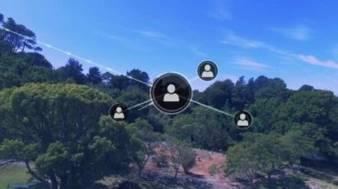 Mavi gökyüzüne karşı ormanın havadan görünüşü üzerinde profil simgelerinden oluşan bir ağ animasyonu. Küresel ağ ve iş teknolojisi kavramı