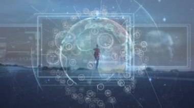 Sahilde koşan Afro-Amerikan formda bir adama karşı dönen dünyanın üzerindeki ışık izlerinin animasyonu. Spor ve spor teknolojisi kavramı