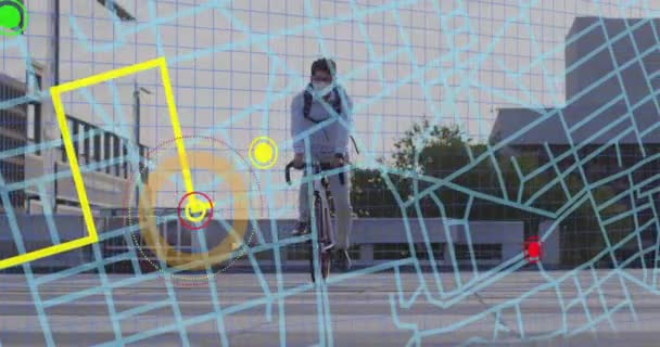 マスクサイクリングを身に着けている少年以上の都市計画のアニメーション Covid 19パンデミックのコンセプトをデジタルで生成したビデオの中で — ストック動画