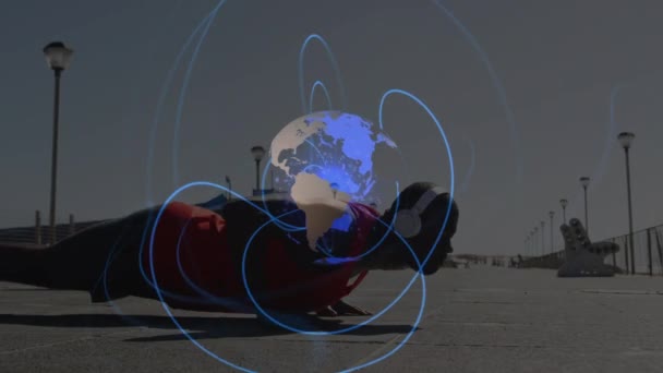 Animation Spinning Globe African American Fit Man Performing Push Promenade — Αρχείο Βίντεο
