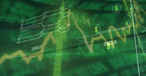 Animação Processamento Dados Sobre Símbolos Dólar Conceito Global Negócios Finanças — Vídeo de Stock