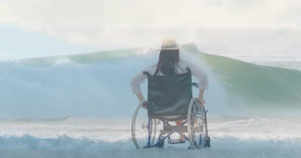 Animation Sea Landscape Disabled Cuacasian Woman Sitting Wheelchair International Day — Stock Video