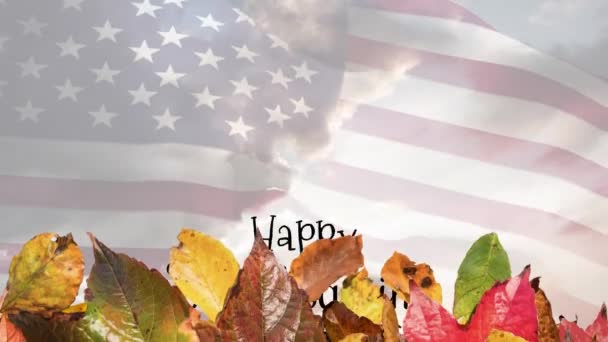 Animation Happy Thanksgiving Day Text Autumn Leaves Flag Usa Background — Stock Video