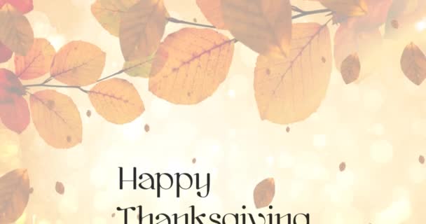 Animation Happy Thanksgiving Day Text Autumn Leaves Yellow Background Thanksgiving — Stock Video