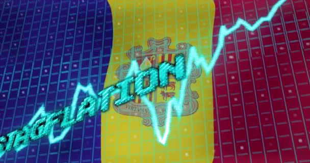 Анимация Обработки Данных Текста Стагфляции Над Флагом Андорры Глобальный Бизнес — стоковое видео