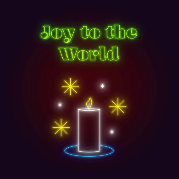 Composition of neon joy to the world text, christmas stars and candle on black background. christmas, winter, tradition and celebration concept digitally generated image.