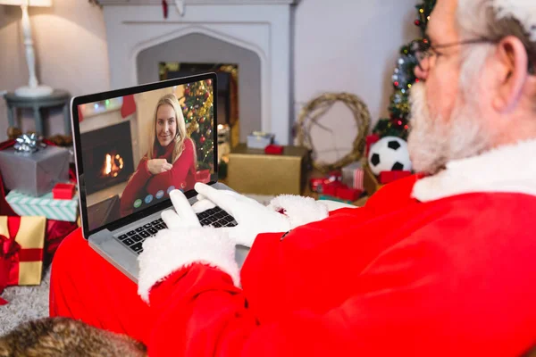 Caucásico Santa Claus Navidad Videollamada Portátil Con Mujer Caucásica Navidad — Foto de Stock