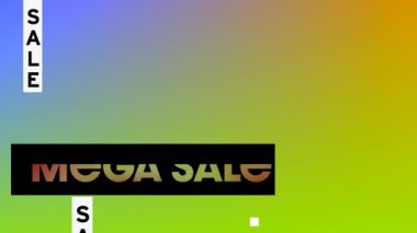 Renkli arka planda mega satış metninin animasyonu. Sosyal medya ve iletişim arayüzü kavramı dijital olarak oluşturulmuş video.