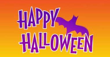 Turuncu arka planda yarasa üzerinde mutlu Cadılar Bayramı metni animasyonu. Cadılar bayramı geleneği ve dijital olarak oluşturulan kutlama konsepti.