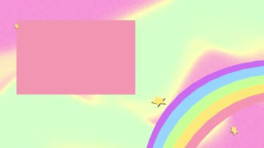 Gökkuşağı üzerindeki mutlu çiçek simgelerinin ve şekillerin animasyonu. Sosyal medya ve iletişim arayüzü kavramı dijital olarak oluşturulmuş video.