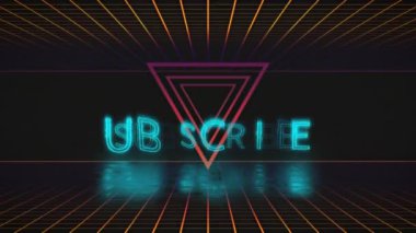 Neon metnin üçgen ve karelerin üzerine abonelik animasyonu. Sosyal medya ve iletişim arayüzü kavramı dijital olarak oluşturulmuş video.