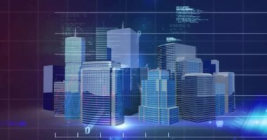 Şehir manzarası üzerinde finansal veri işleme animasyonu. küresel iş, finans, bağlantılar ve dijital arayüz konsepti dijital olarak oluşturulmuş video.