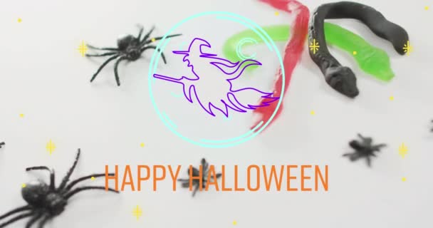 Animáció Boldog Halloween Szöveg Felett Neon Boszorkány Pókok Halloween Hagyomány — Stock videók