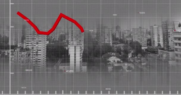 Animación Del Procesamiento Datos Financieros Través Del Paisaje Urbano Negocios — Vídeos de Stock