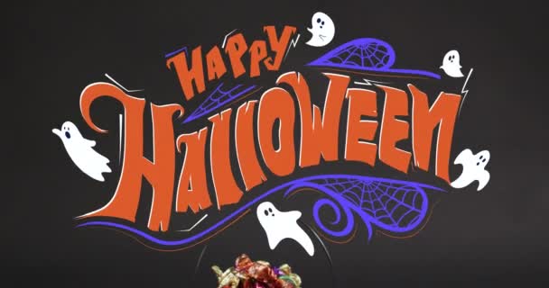 Animatie Van Vrolijke Halloween Tekst Met Geesten Oranje Pompoenemmer Met — Stockvideo