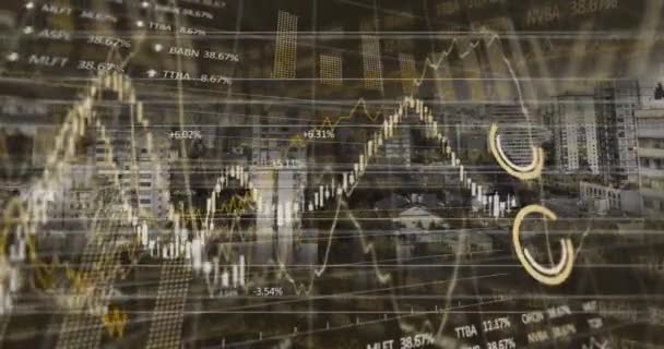 Animering Finansiella Data Bearbetning Över Stadsbilden Global Verksamhet Ekonomi Anslutningar — Stockvideo