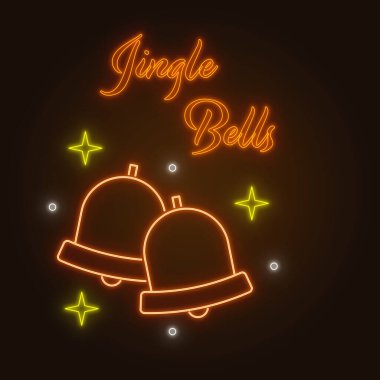 Neon cıngıl çanları metni, Noel yıldızları ve siyah arka plandaki çanların kompozisyonu. Noel, kış, gelenek ve kutlama konsepti dijital olarak oluşturulmuş imaj.