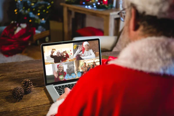 Père Noël Caucasien Claus Sur Appel Vidéo Ordinateur Portable Noël — Photo