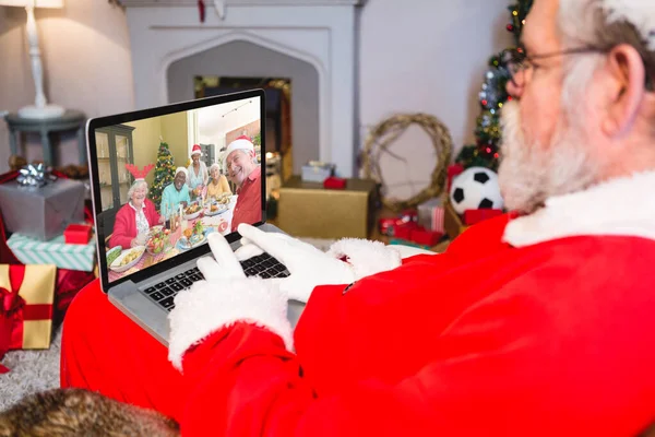 Père Noël Caucasien Claus Sur Appel Vidéo Ordinateur Portable Noël — Photo