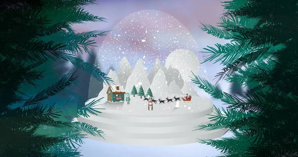 Digital composite of Christmas trees and Santa in sleigh with reindeer