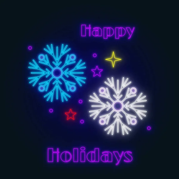 Composizione Neon Happy Holidays Testo Fiocchi Neve Natale Sfondo Nero — Foto Stock