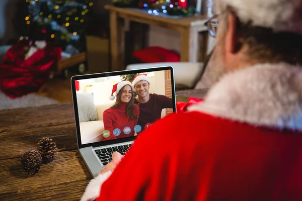 Caucásico Santa Claus Navidad Videollamada Portátil Con Pareja Caucásica Navidad — Foto de Stock