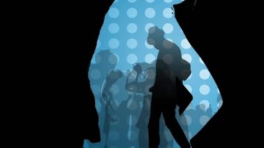 Parlak metin animasyonu ve mavi arka planda dans eden insanların siluetleri. Sosyal medya ve iletişim arayüzü kavramı dijital olarak oluşturulmuş video.