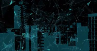 Şehir manzarasında hareket eden şekillerin animasyonu. küresel iş, finans, bağlantılar ve dijital arayüz konsepti dijital olarak oluşturulmuş video.