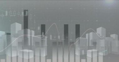 Şehir manzarası üzerinde finansal veri işleme animasyonu. küresel iş, finans, bağlantılar ve dijital arayüz konsepti dijital olarak oluşturulmuş video.