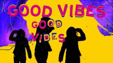 İyi titreşimlerin animasyonu mavi arka planda dans eden insanların yazı ve siluetleri. Sosyal medya ve iletişim arayüzü kavramı dijital olarak oluşturulmuş video.