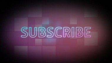Hareketli karelerin üzerine abone neon metnin canlandırması. Sosyal medya ve iletişim arayüzü kavramı dijital olarak oluşturulmuş video.