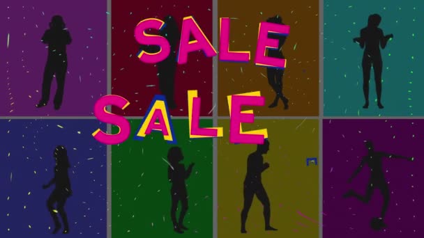 Animation Försäljning Text Och Silhuetter Människor Som Dansar Färgglada Bakgrund — Stockvideo