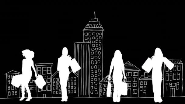 Анімація Силуетів Жінок Які Купують Над Міським Пейзажем Глобальний Бізнес — стокове відео