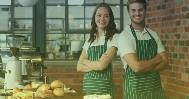 Animacja Dwóch Uśmiechniętych Białych Kobiet Mężczyzn Pracujących Kciukami Kawiarni Koncepcja — Wideo stockowe