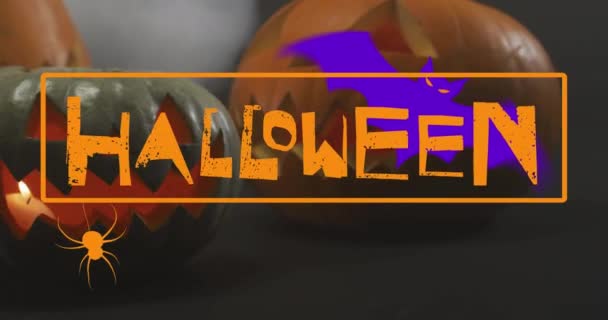 Animação Texto Feliz Halloween Com Morcego Aranha Sobre Abóboras Esculpidas — Vídeo de Stock