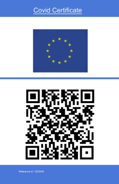 Kapsamlı aşı sertifikası ve ekranda QR kodu. covid 19 salgın dijital kompozit görüntüsü sırasında sağlık, yaşam tarzı, seyahat ve teknoloji.