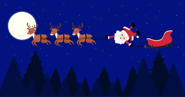 Složení Vánočního Santa Clause Sáních Soby Nad Měsícem Modrém Pozadí — Stock fotografie