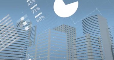 Şehir manzarası üzerinde veri işleme ile istatistiklerin animasyonu. Küresel iş, finans ve veri işleme kavramı dijital olarak oluşturulmuş video.