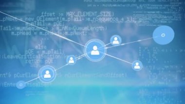 Animation of network of profile icons and data processing against blue background. Global networking and business technology concept