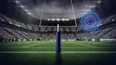 Spor stadyumunun üzerinde ışıldayan ışıklar ve taramaların animasyonu. Küresel spor, iş, finans ve veri işleme kavramı dijital olarak oluşturulmuş video.