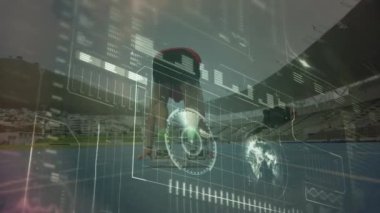 Spor sahasında koşan erkek atletin dikiz aynasından veri işleme arayüzünün animasyonu. Spor teknolojisi kavramı