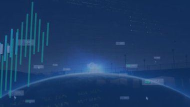 Şehir manzarası üzerinde veri işleme ve ortam simgelerinin animasyonu. Küresel araştırma teknolojisi ve dijital veri ağı konsepti dijital olarak oluşturulmuş video.