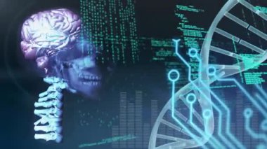 Ağaç ve tıbbi veriler yeşil DNA yapısını mavi arkaplanla karşılaştırıyor. İnsan biyolojisi anatomisi bilim ve teknoloji konsepti dijital olarak oluşturulmuş video.